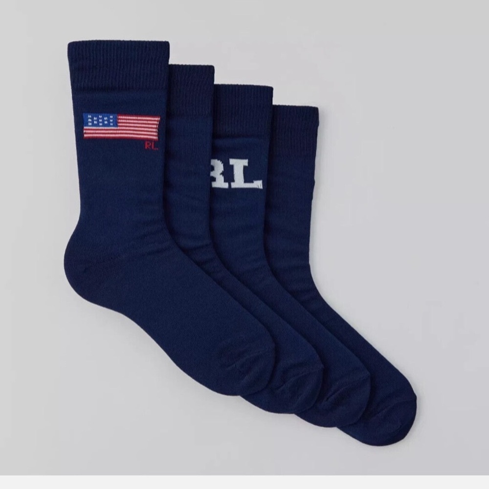 POLO RALPH LAUREN Socks Men OS COUNTRY CLUB Set/2 Navy Blue FLAG Logo Crew NWT